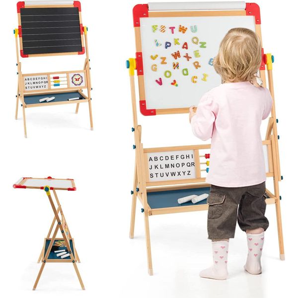 Costway 3 In 1 Cavalletto Per Bambini Girevole A 360°, Cavalletto In Legno Con Lavagna Da Disegno Bifacciale, Lavagna Per Bambini In Legno Di Pino Con Ripiano, Rotolo Di Carta, Abaco, Orologio E Alfabeto Per Bambini Dai 3 Anni In Su-image