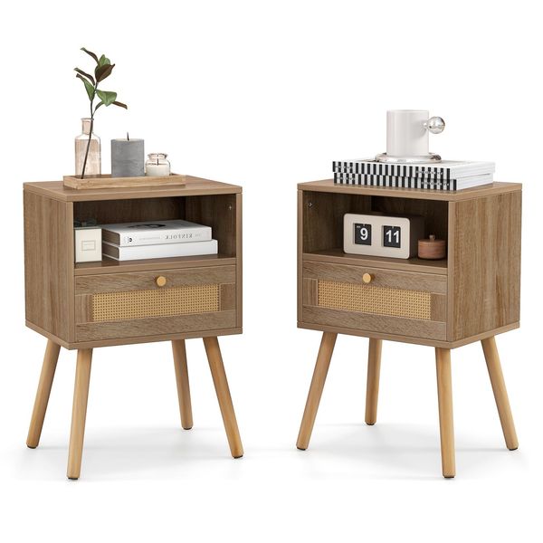 Costway Comodino 2 Pezzi In Rattan, Comodino Con Cassetto, Vano A Giorno E Gambe In Legno 40X30X60,5 Cm-image