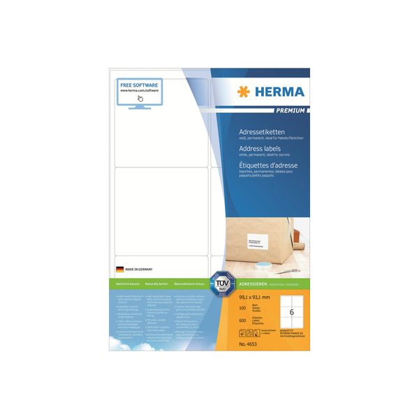 Herma Premium - Etichette Permanenti Autoadesive In Carta Laminata Opaca - Bianco - 93,1 X 99,1 Mm - 600 Etichette (100 Fogli X 6) (4653)-image