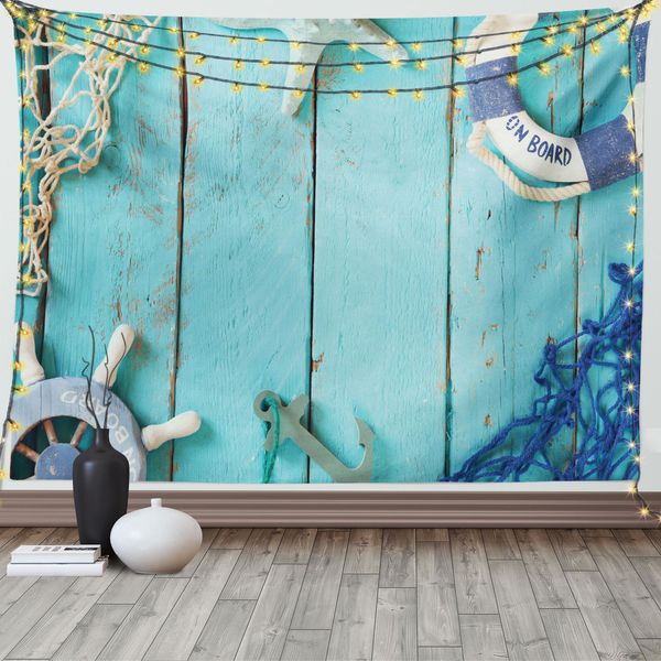 Abakuhaus Arazzo Nautico, Paesaggio Oceanico Nautico, Arazzo Per Soggiorno E Camera Da Letto, Arazzo In Raso Setoso, 150 X 100 Cm, Turchese Blu Navy-image