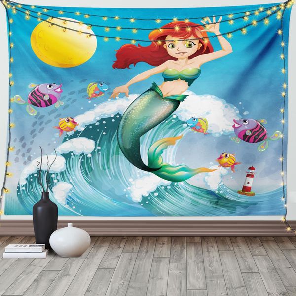 Abakuhaus Kids Arazzo, Onda Con Pesce Cartoon, Arazzo Per Soggiorno E Camera Da Letto Arazzo In Raso Setoso, 150 X 100 Cm, Multicolore-image