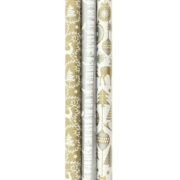 Assortimento Di Carta Natalizia Argentata E Dorata, Carta Da Regalo, Confezione Regalo - 200 X 70 Cm - 3 Rotoli-image