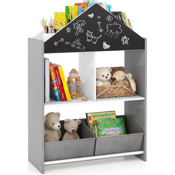 Costway Scaffale Per Bambini 2 In 1 Con Lavagna, 2 Scatole E 6 Scomparti, Libreria Per Bambini, 63X27X90Cm Grigio-image