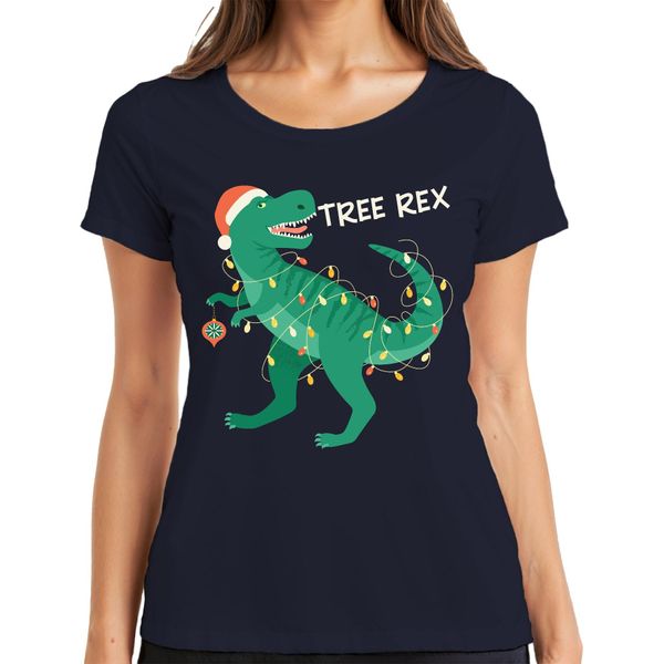 Maglietta Da Donna Tree Rex Christmas Tree Dinosaur - Regalo Di Natale, Navy, 3XL-image
