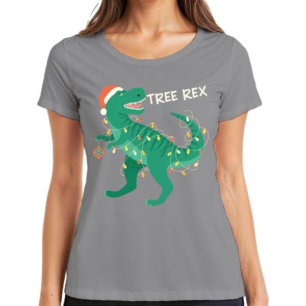 Maglietta Da Donna Tree Rex Christmas Tree Dinosaur - Regalo Di Natale, Grigio, 3XL-image