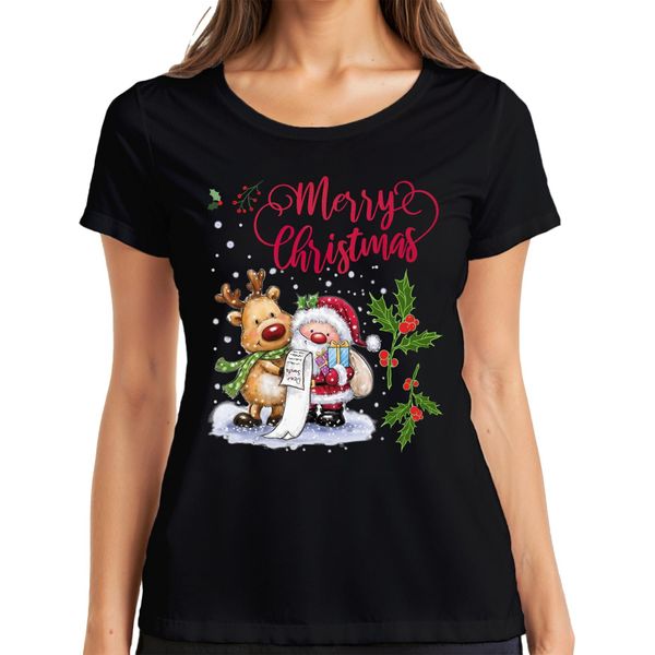 Merry Christmas Santa Reindeer Wish List Mistletoe - Maglietta Da Donna Con Regalo Di Natale, Nero, Xl-image