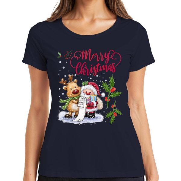 Merry Christmas Santa Reindeer Wish List Mistletoe - Maglietta Da Donna Con Regalo Di Natale, Navy, Xl-image