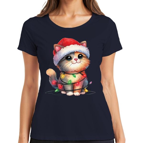 Catena Di Luci Per Gatti Amante Dei Gatti - Maglietta Da Donna Con Regalo Di Natale, Navy, Xxl-image