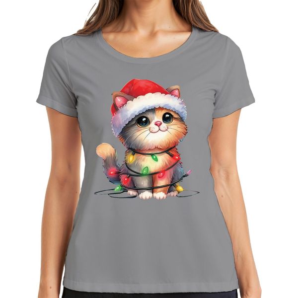 Catena Di Luci Per Gatti Amante Dei Gatti - Regalo Di Natale Maglietta Da Donna, Grigio, Xxl-image