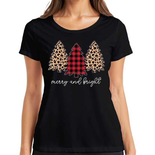 Merry And Bright Christmas Tree Chequered - Regalo Di Natale Maglietta Da Donna Natalizia, Nero, Xl-image