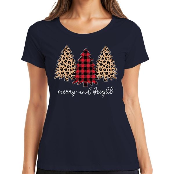 Merry And Bright Christmas Tree Chequered - Regalo Di Natale Maglietta Da Donna Natalizia, Navy, Xl-image