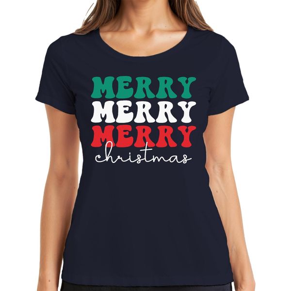 Merry Merry Merry Christmas - Maglietta Da Donna Con Regalo Di Natale, Navy, S-image