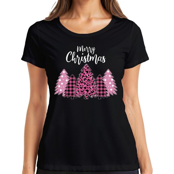 Merry Christmas Albero Di Natale A Scacchi Rosa - Regalo Di Natale Maglietta Da Donna Di Natale, Nero, 3XL-image