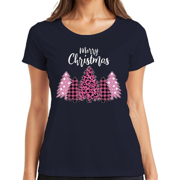 Merry Christmas Albero Di Natale A Scacchi Rosa - Maglietta Da Donna Con Regalo Di Natale, Navy, S-image