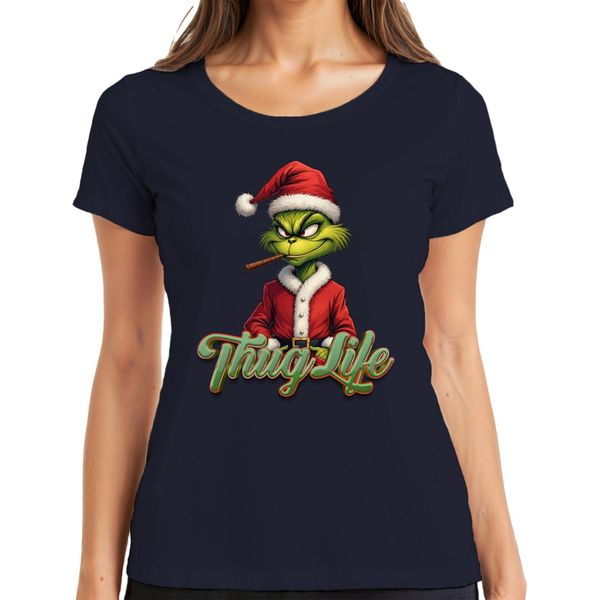 Maglietta Thug Life Grinch Joint Weed Cannabis Weed - Christmas Xmas Ladies, Navy, Xl-image