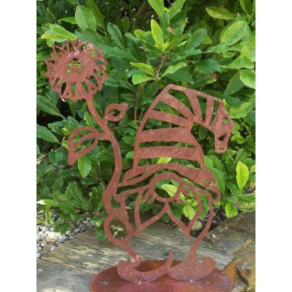 Gnomo Da Giardino Floris In Acciaio Inox, Con Fiore-image