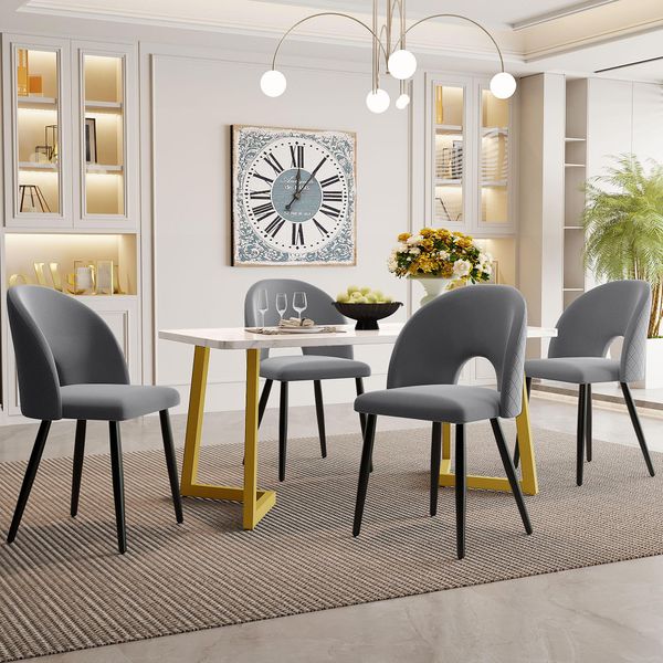 Flieks Set Da Pranzo Tavolo Da Pranzo Con 4 Sedie Sala Da Pranzo 5Pcs, Set Da Pranzo, Tavolo Da Pranzo Rettangolare Con Gambe Dorate, Sedie Imbottite Con Rivestimento In Velluto, Grigio-image