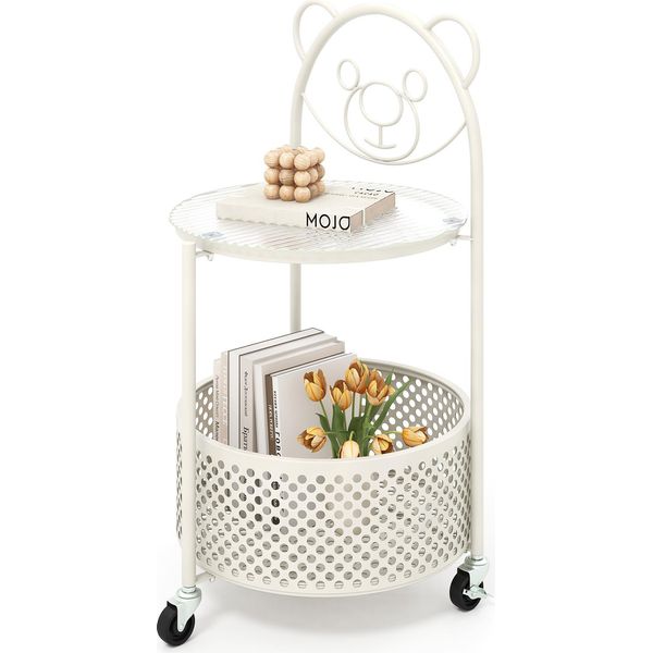 Costway Tavolino Mobile In Vetro, Tavolino Rotondo A 2 Livelli Con Motivo A Orsetto, Cestino Portaoggetti E Struttura In Metallo, Tavolino Da Divano Moderno Su Rotelle Bianco-image