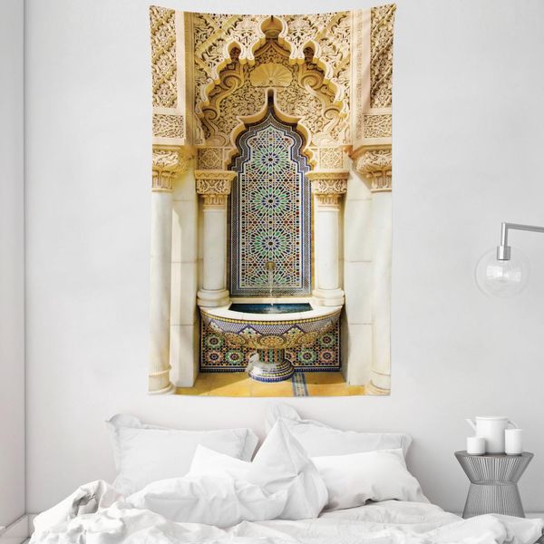 Abakuhaus Arazzo E Copriletto Marocchino, Arte Orientale Vintage In Morbido Tessuto Microfibra Lavabile Senza Scolorimento, Stampa Digitale, 140 X 230 Cm, Avorio Marrone Chiaro Blu-image