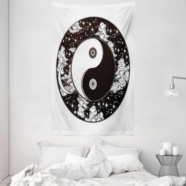 Abakuhaus Ying Yang Arazzo E Copriletto, Stelle, Luna, Cielo Notturno In Morbido Tessuto Microfibra Lavabile Senza Scolorimento, Stampa Digitale, 140 X 230 Cm, Bianco E Nero-image