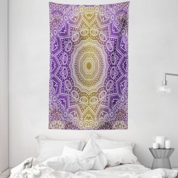Abakuhaus Arazzo E Copriletto Giallo E Viola, Mandala Ombre In Morbido Tessuto Microfibra Lavabile Senza Scolorimento Stampa Digitale, 140 X 230 Cm, Viola-image