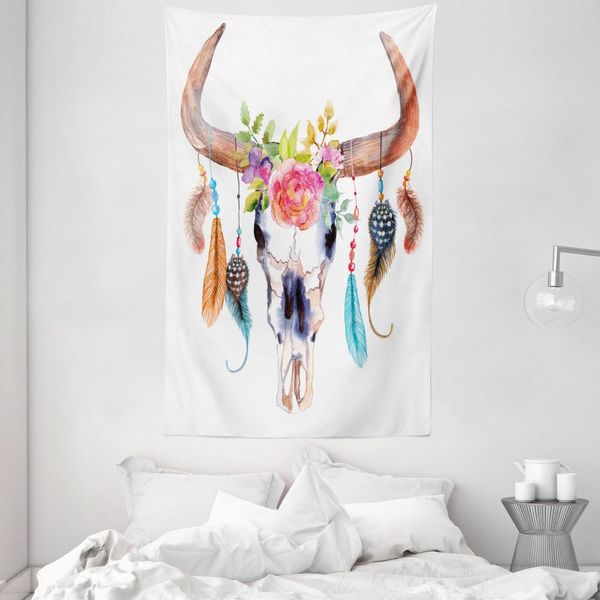 Abakuhaus Arazzo E Copriletto Con Motivo A Piume, Teschi Di Toro In Morbido Tessuto Microfibra Lavabile Senza Scolorimento Stampa Digitale, 140 X 230 Cm, Multicolore-image