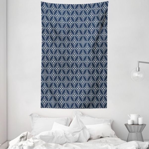 Abakuhaus Arazzo Geometrico E Copriletto, Cerchio Di Loto Giapponese In Morbido Tessuto Microfibra Lavabile Senza Scolorimento, Stampa Digitale, 140 X 230 Cm, Blu Scuro Crema-image