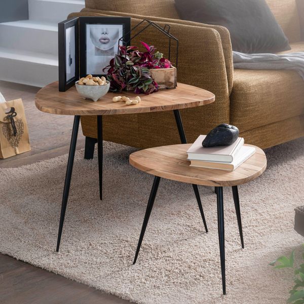 Finebuy Set Di 2 Tavolini Da Caffè In Legno Massiccio Di Acacia / Tavolino In Metallo Tavolino Di Design Piccolo Set Di Due Tavolini In Legno Tavolino Da Soggiorno Tavolino Con Struttura In Metallo-image
