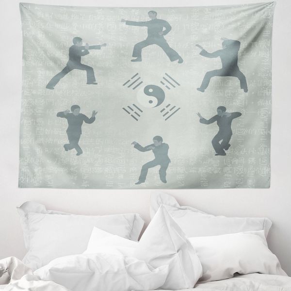 Abakuhaus Arazzo Kung Fu, Yin Yang E Posizioni Di Karate In Morbido Tessuto Microfibra Lavabile Senza Scolorimento Stampa Digitale, 150 X 110 Cm, Verde Chiaro Grigio Antracite-image