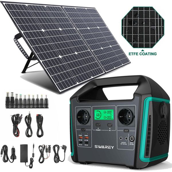 Swarey 1000W (Picco 1500W) Caricabatterie Generatore Di Energia Portatile S1000 Stazione Di Alimentazione Con Pannello Solare Da 100W, 725,76Wh 201600Mah Batteria Agli Ioni Di Litio Di Backup Di Stoccaggio Solare Con 65W Type-C, Generatore Solare Per Viaggi In Auto, Off-Grid, Interruzioni Di Corrente-image