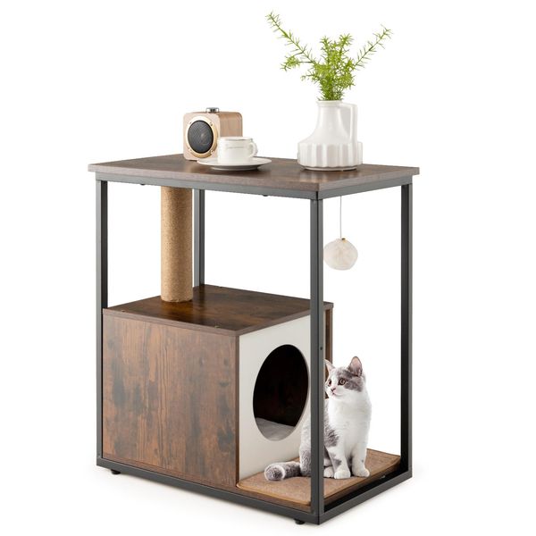 Costway Tiragraffi 3In1, Tavolino E Casetta Per Gatti, Mobili Per Gatti Tutto In Uno Con Tappetino Tiragraffi Rimovibile, Palla, Tronco In Sisal 60X34X66Cm Marrone-image