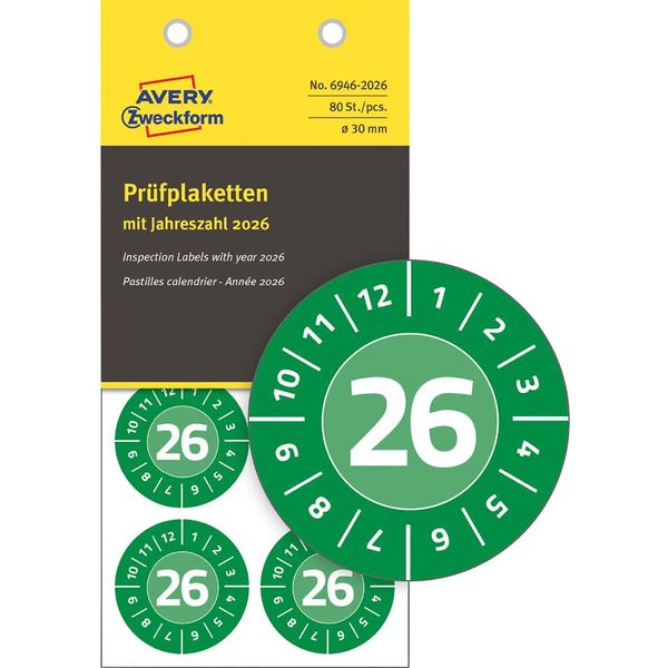 Avery Zweckform 6945-2026 Adesivi Di Ispezione Avery Zweckform, 2026, Nopeel, Verde, 20 Mm-image