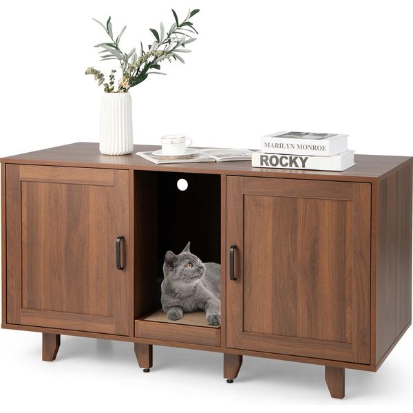 Armadietto Per Gatti Costway, Lettiera Con Ingresso E Porta, Armadietto Per Lettiera Con Tiragraffi, Casa Per Gatti 3 In 1 Per Lettiera, 120 X 52 X 65 Cm, Grotta Per Gatti Cani, Mobili Per Gatti (Caffè)-image