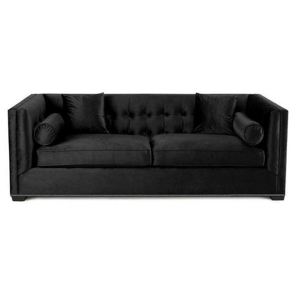 Divano A Tre Posti Nero Imbottito Divano Chesterfield Nuovo Soggiorno In Tessuto Design-image
