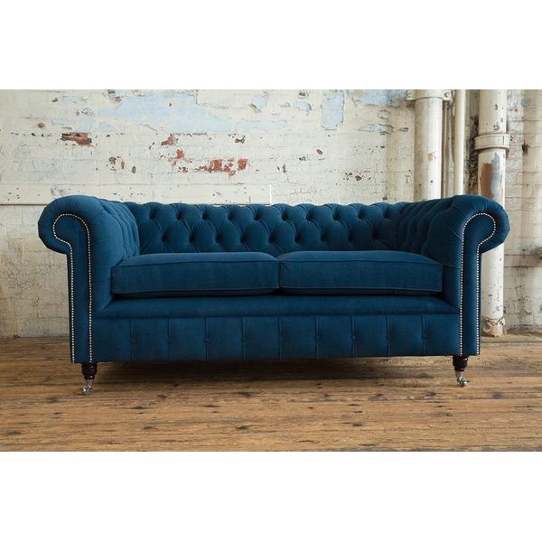 Divano Chesterfield Blu Imbottitura Tessile Set Di Sedute Divano In Tessuto Divani 3 Posti-image