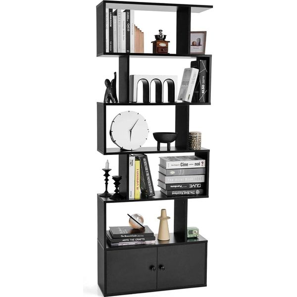 Libreria Costway, Scaffale In Piedi Con Ante, 183 X 70 X 23 Cm, Scaffale Per Ufficio Con 6 Livelli, Scaffale In Legno, Scaffale Per Archiviazione Con Materiale Di Fissaggio, Divisorio Per Soggiorno, Camera Da Letto (Nero)-image