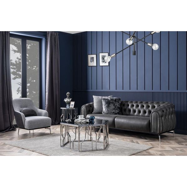 Set Chesterfield Divano 4 Posti Poltrona Quattro Posti In Ecopelle Nero Jvmoebel-image