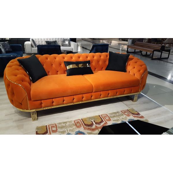 Elegante Divano A 3 Posti Chesterfield Color Arancio Arredamento Moderno Per Il Soggiorno-image