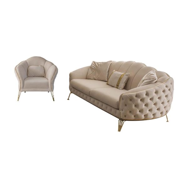 Set Soggiorno Moderno Beige Divano 3 Posti Poltrona Poltrona Tessile Soggiorno-image