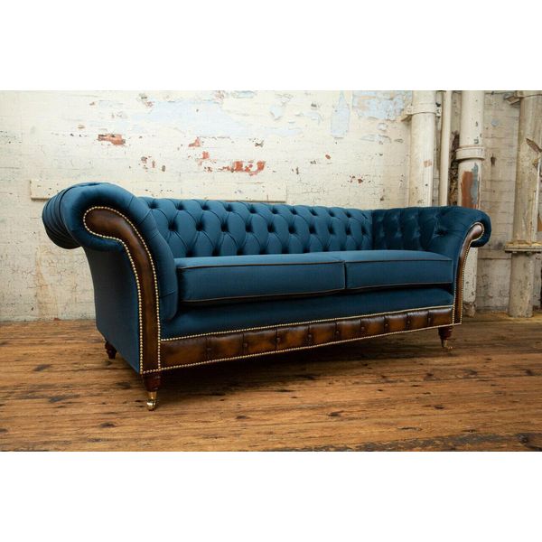 Divano Chesterfield Blu In Tessuto Divano Divano Seduta Divani Imbottitura Tessile Nuovo-image