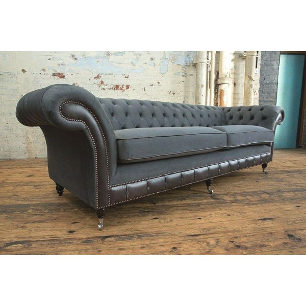 Divano Classico Chesterfield Divano A 4 Posti Divano In Pelle Vellutata Design Nero Nuovo-image