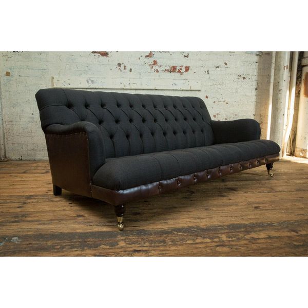 Divano Classico Chesterfield Divano A 3 Posti Divano In Pelle Vellutata Blu Design Imbottito-image