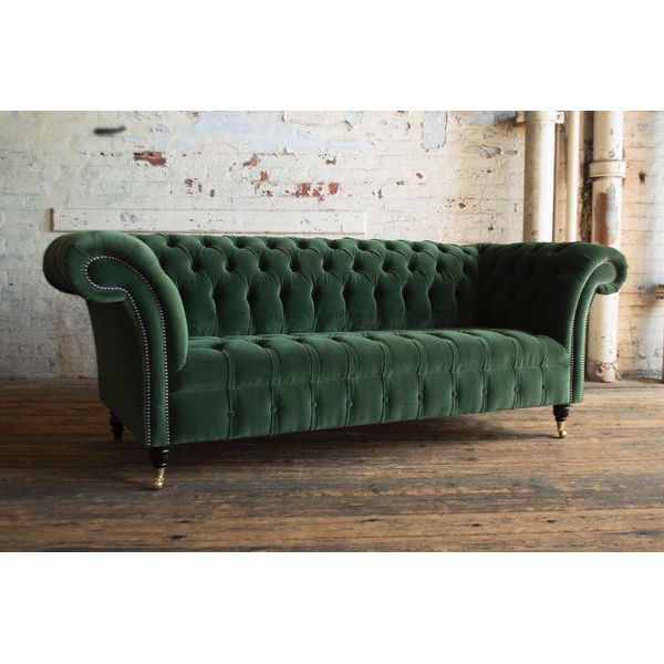 Divano Classico Chesterfield Design Divano A 4 Posti Divano In Pelle Velluto Grande Verde Nuovo-image