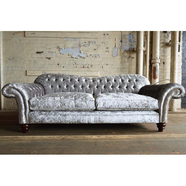 Divano Classico Chesterfield Divano A 4 Posti Divano In Pelle Di Velluto Design Grigio 240Cm-image