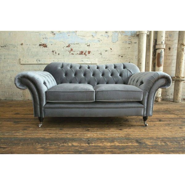 Divano Chesterfield Originale Jvmoebel Textil Divani Divani Tessuto Grigio 200Cm Divano-image