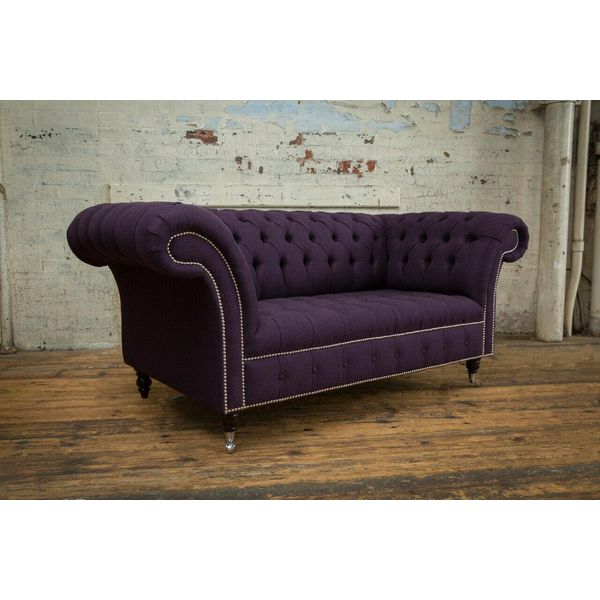 Divano Classico Chesterfield Divano A 3 Posti Divano In Velluto Pelle Design Viola Tappezzeria-image