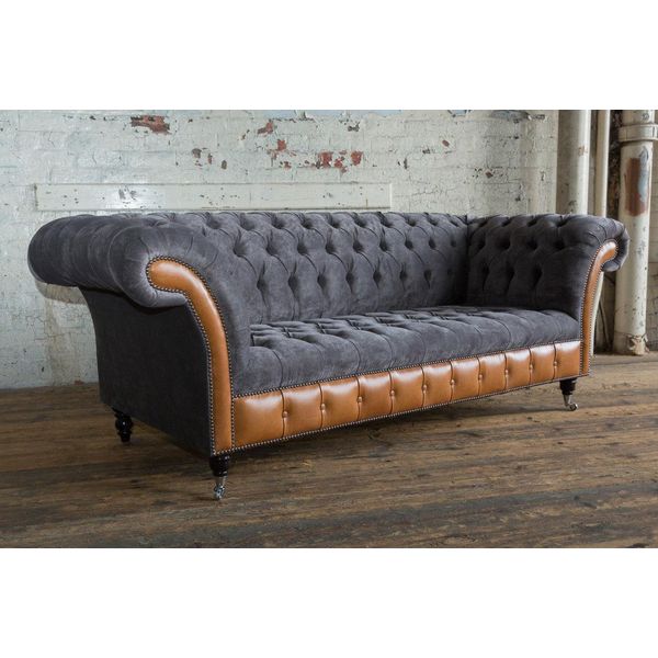 Divano Chesterfield Classico In Pelle Grigia Tessile Divano Seduta Tappezzeria Tessuto Divani-image