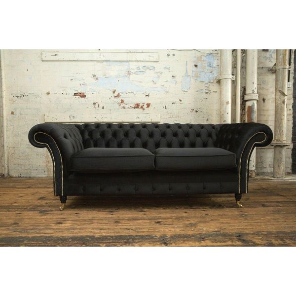 Classico Divano Chesterfield In Pelle Nera Tessile Divano Seduta Tappezzeria Tessuto Divani-image