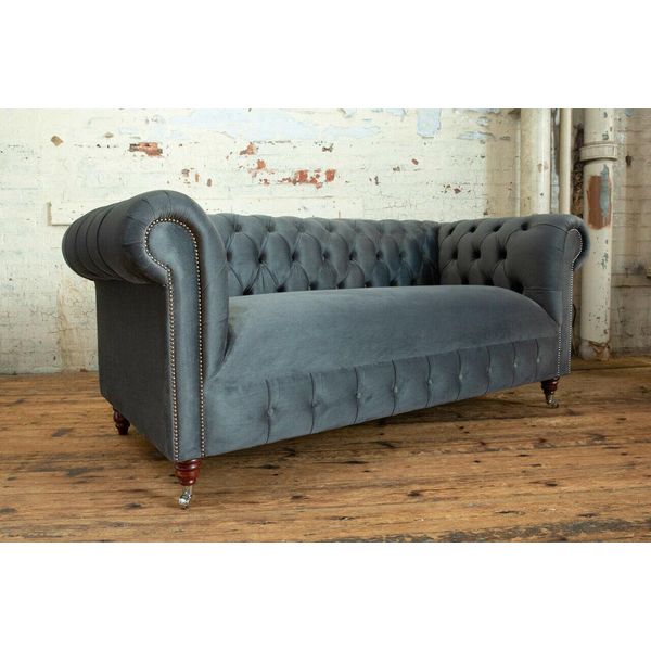 Chesterfield Classic Grigio Pelle Tessile Divano Divano Seduta Rivestimento Tessuto Divani-image