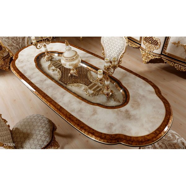Lussuoso Set Da Sala Da Pranzo Bianco-Oro Tavolo Da Pranzo 4X Sedie Cassettiera 6 Mobili-image